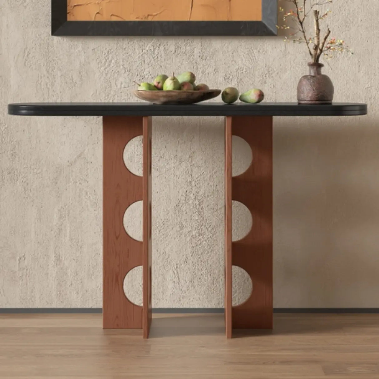 Oval Pine Wood Abstract Base Entryway Console Table Image - 4