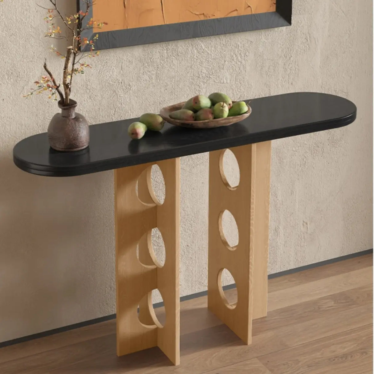 Oval Pine Wood Abstract Base Entryway Console Table Image - 5