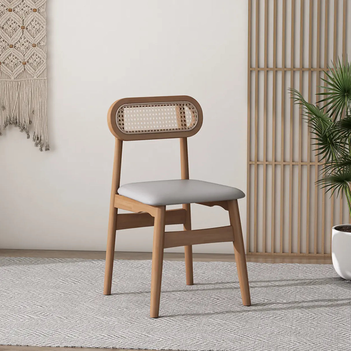 Oval Rattan Back Armless Leather Wood Dining Chair Image - 10