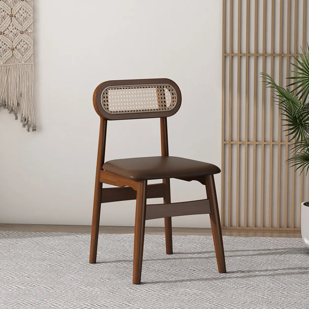 Oval Rattan Back Armless Leather Wood Dining Chair Image - 11