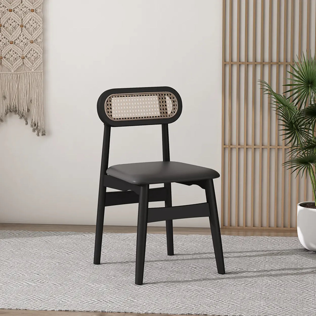Oval Rattan Back Armless Leather Wood Dining Chair Image - 12