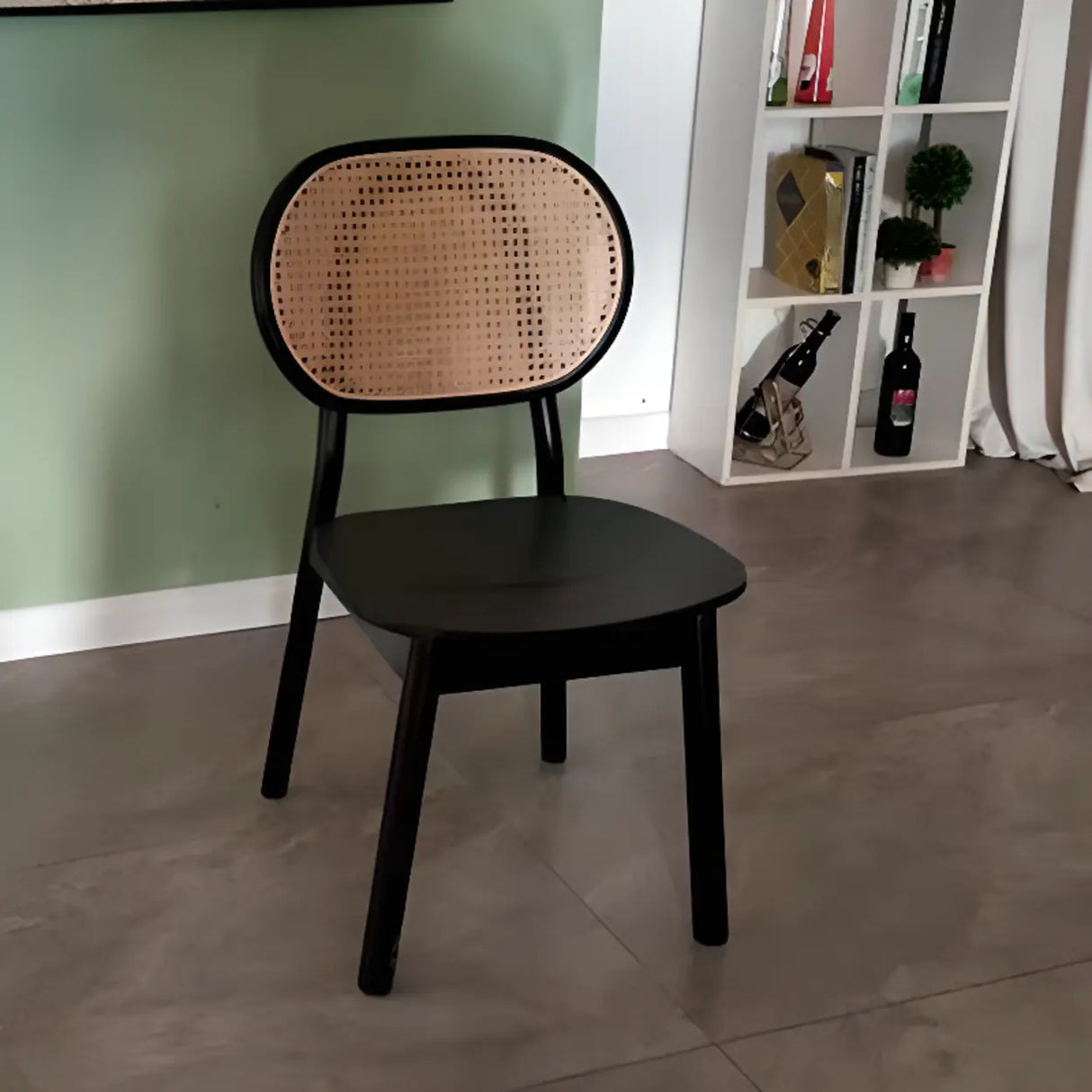 Oval Rattan Back Armless Leather Wood Dining Chair Image - 14