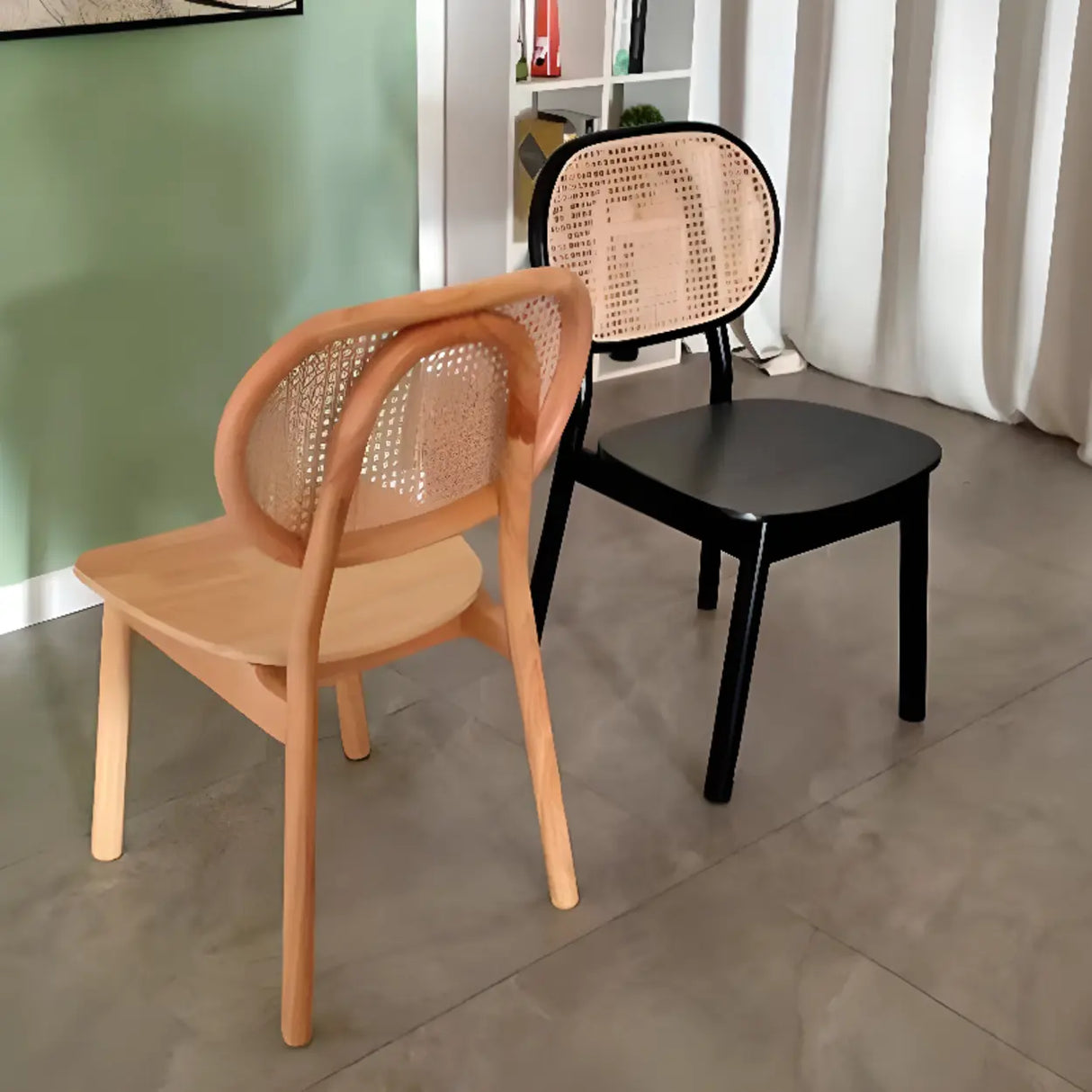 Oval Rattan Back Armless Leather Wood Dining Chair Image - 1