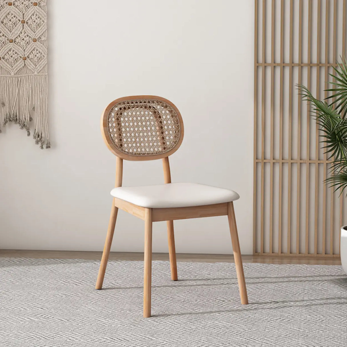 Oval Rattan Back Armless Leather Wood Dining Chair Image - 2