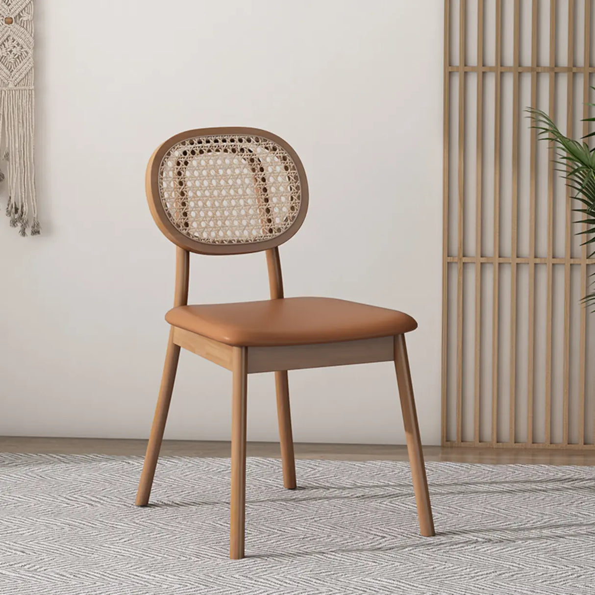 Oval Rattan Back Armless Leather Wood Dining Chair Image - 3