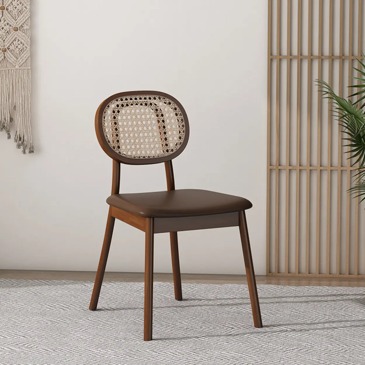Oval Rattan Back Armless Leather Wood Dining Chair Image - 5