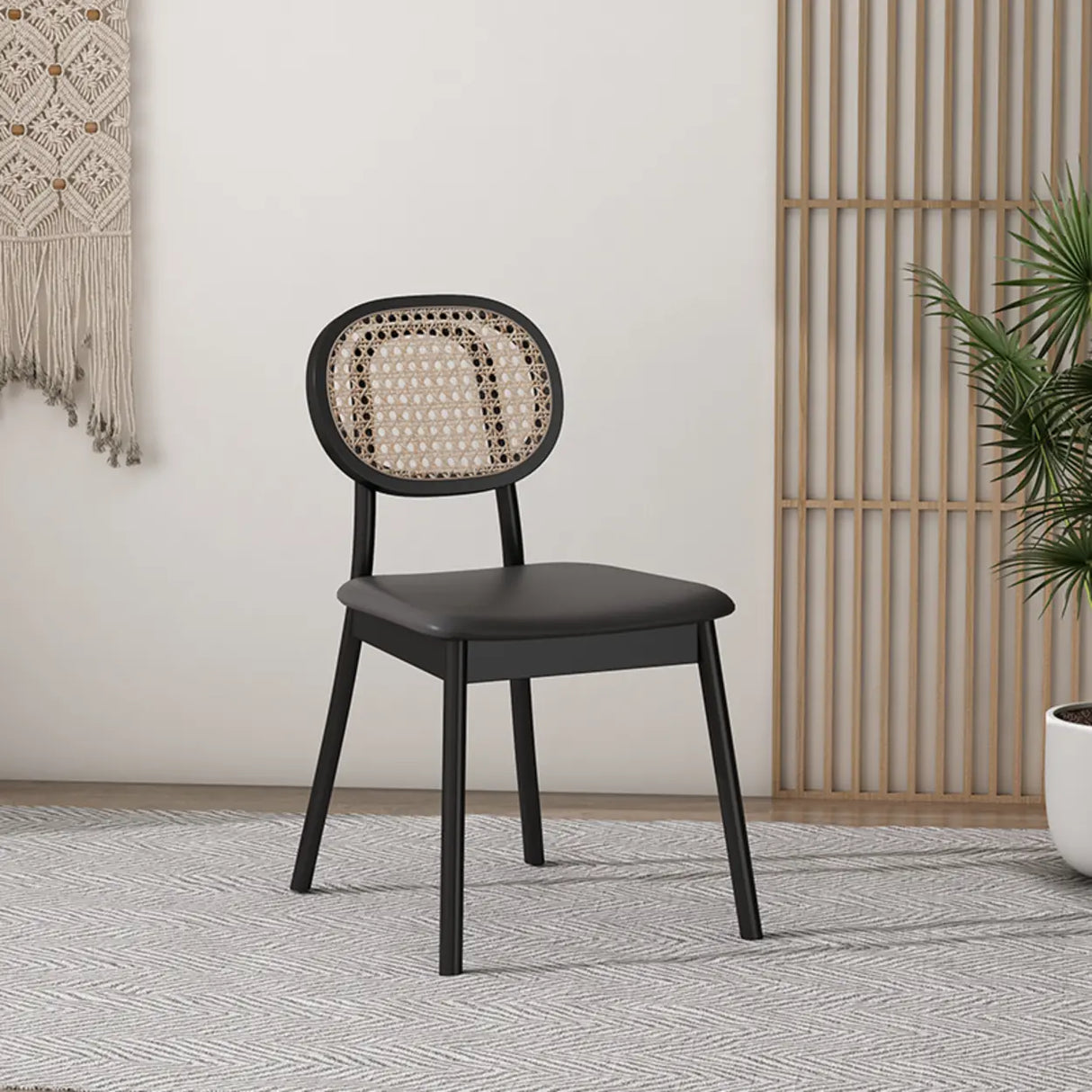 Oval Rattan Back Armless Leather Wood Dining Chair Image - 7