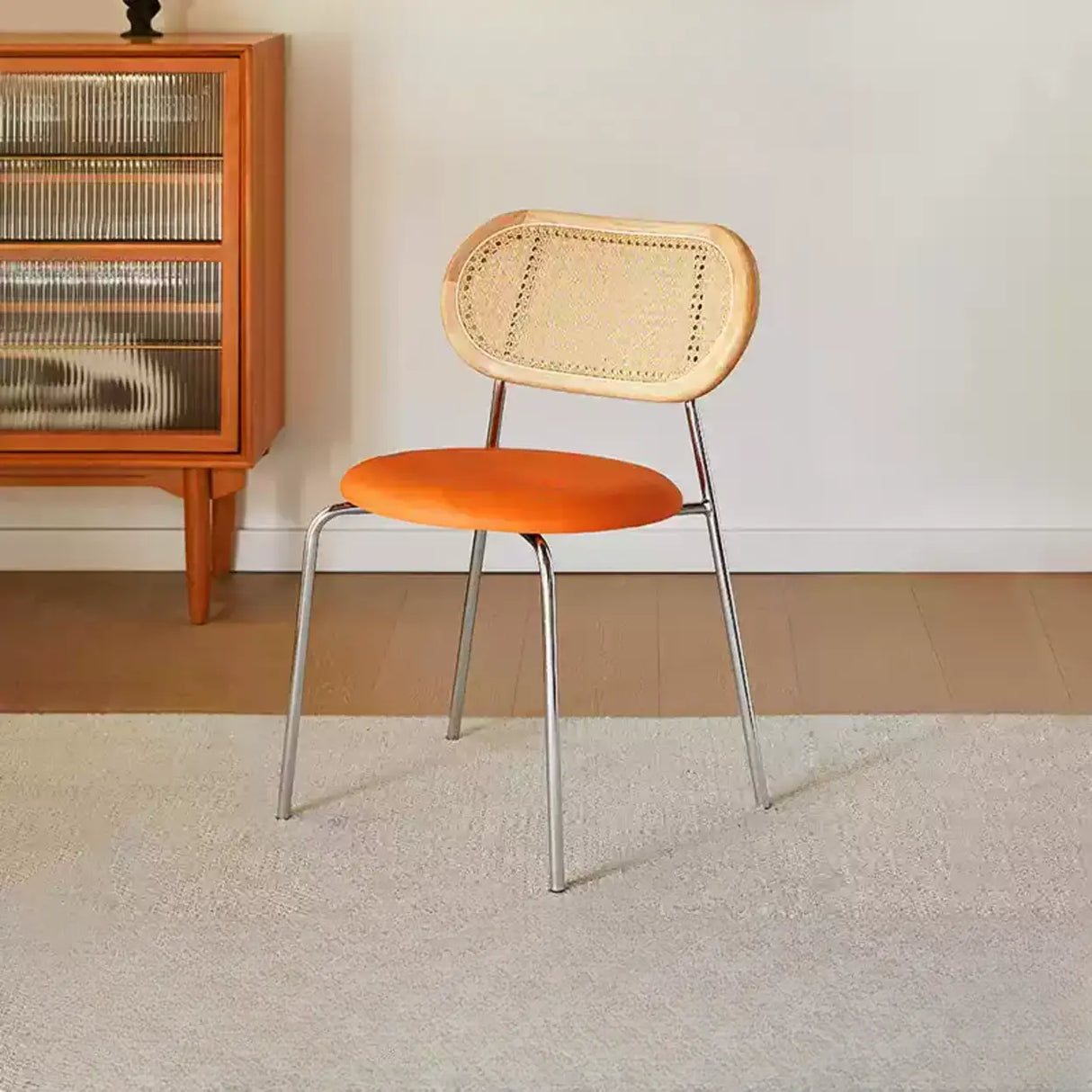 Oval Rattan Back Round Leather Stackable Dining Chair Image - 10