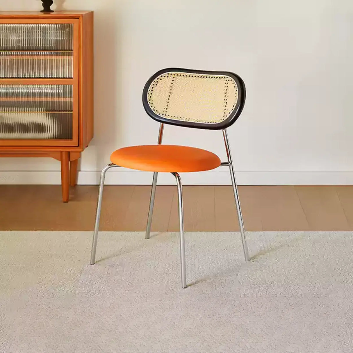 Oval Rattan Back Round Leather Stackable Dining Chair Image - 12