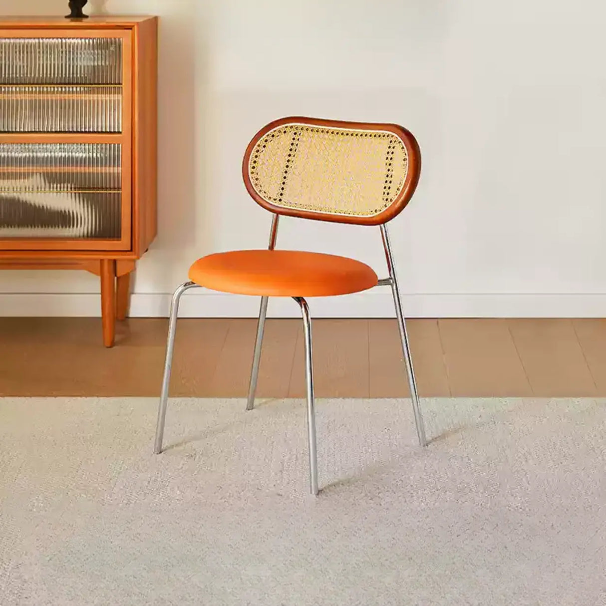 Oval Rattan Back Round Leather Stackable Dining Chair Image - 14