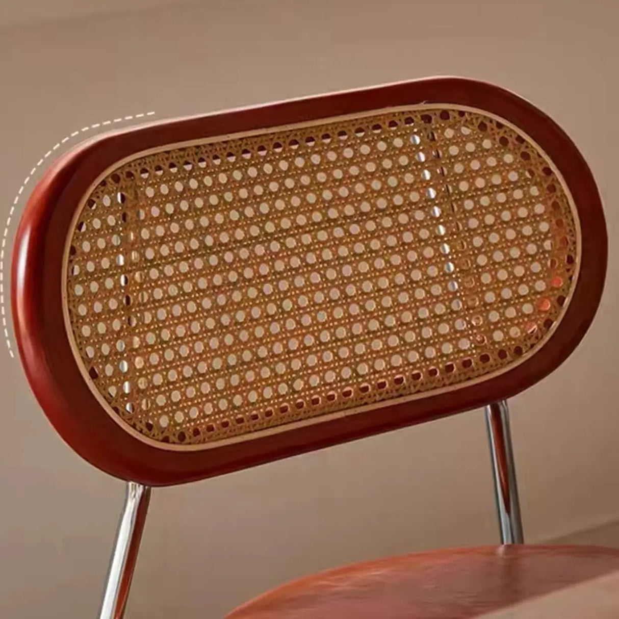 Oval Rattan Back Round Leather Stackable Dining Chair Image - 15