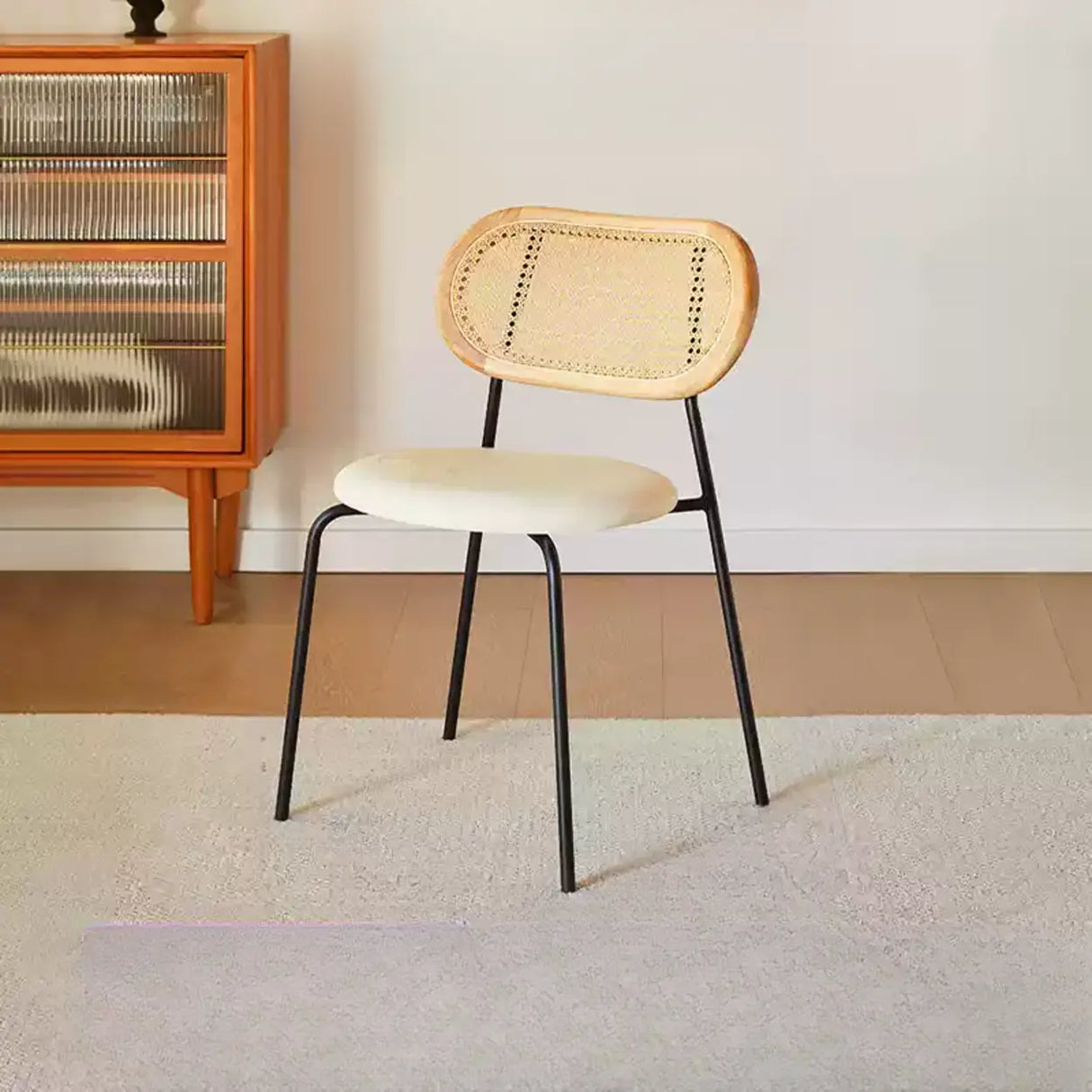 Oval Rattan Back Round Leather Stackable Dining Chair Image - 16