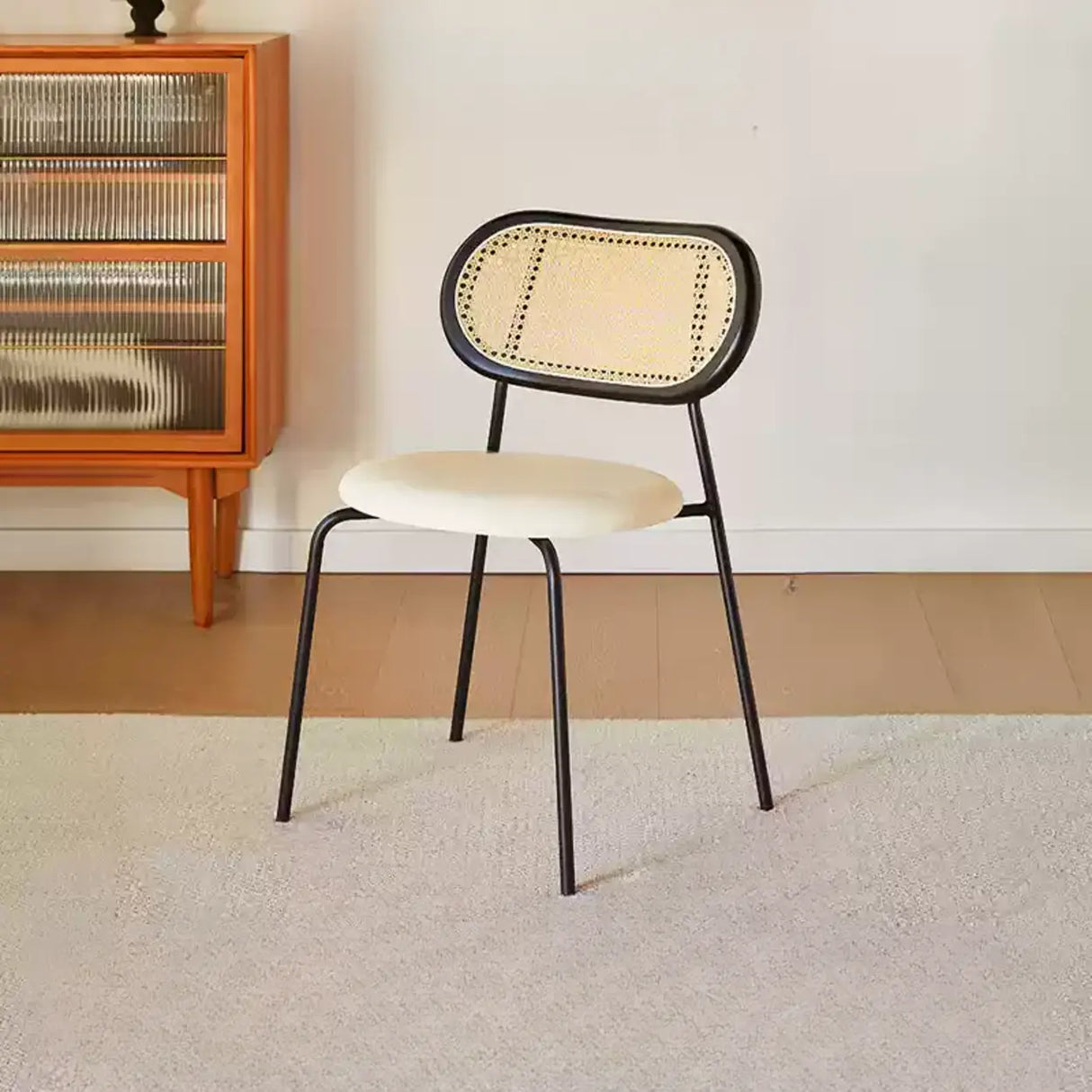 Oval Rattan Back Round Leather Stackable Dining Chair Image - 17