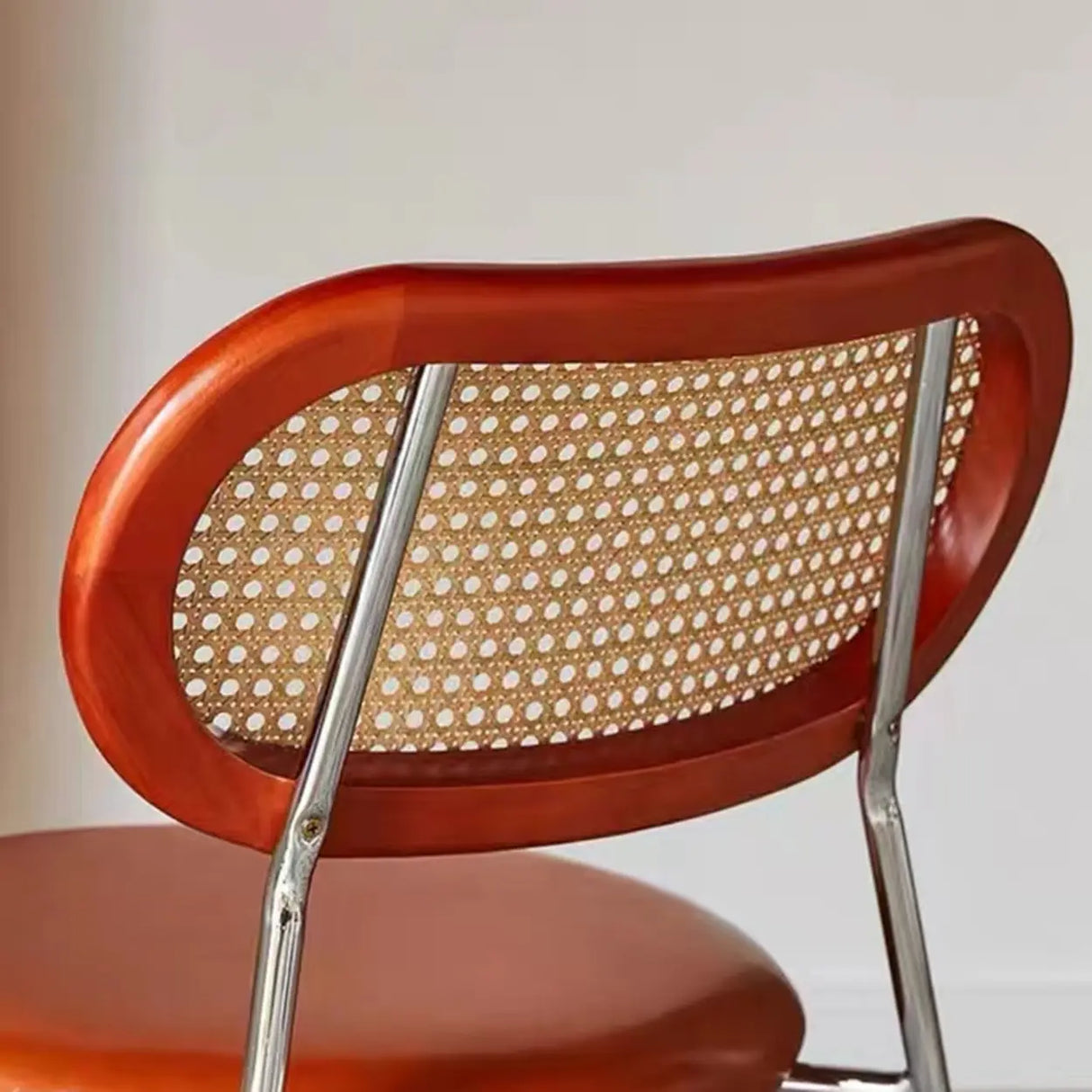 Oval Rattan Back Round Leather Stackable Dining Chair Image - 18