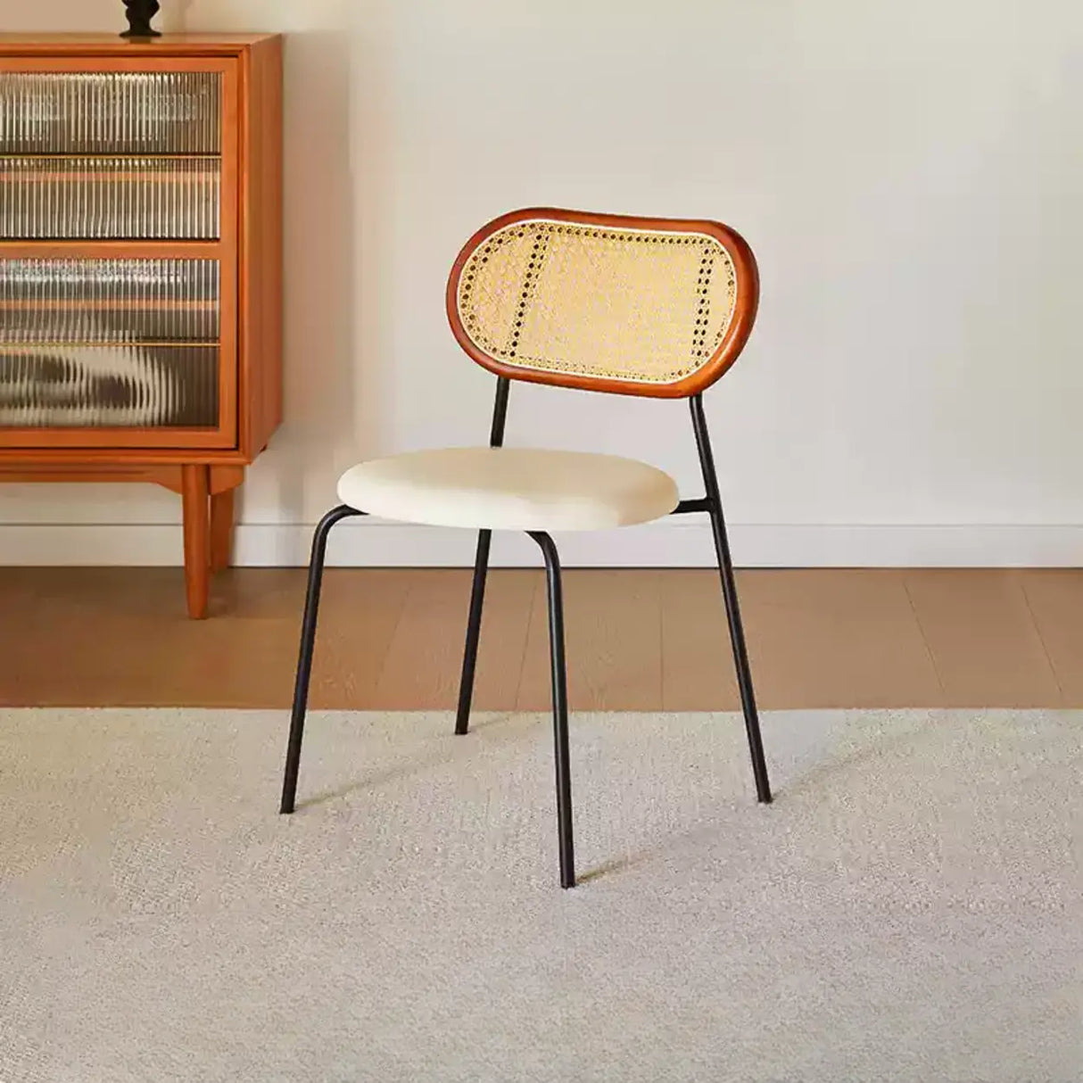 Oval Rattan Back Round Leather Stackable Dining Chair Image - 19