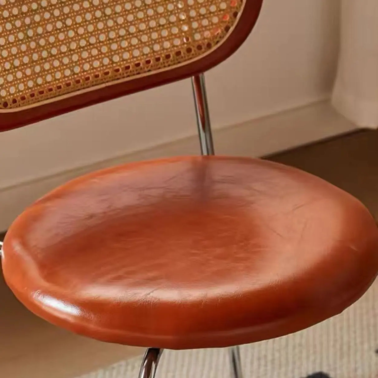 Oval Rattan Back Round Leather Stackable Dining Chair Image - 20