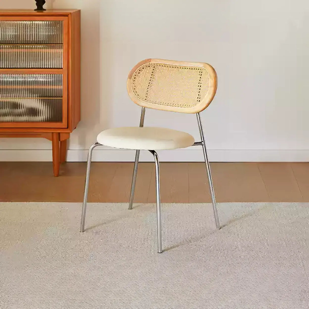 Oval Rattan Back Round Leather Stackable Dining Chair Image - 21