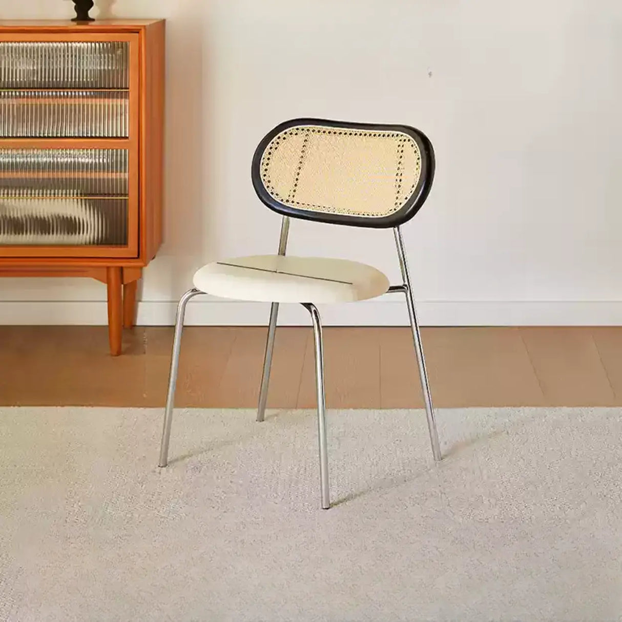 Oval Rattan Back Round Leather Stackable Dining Chair Image - 22