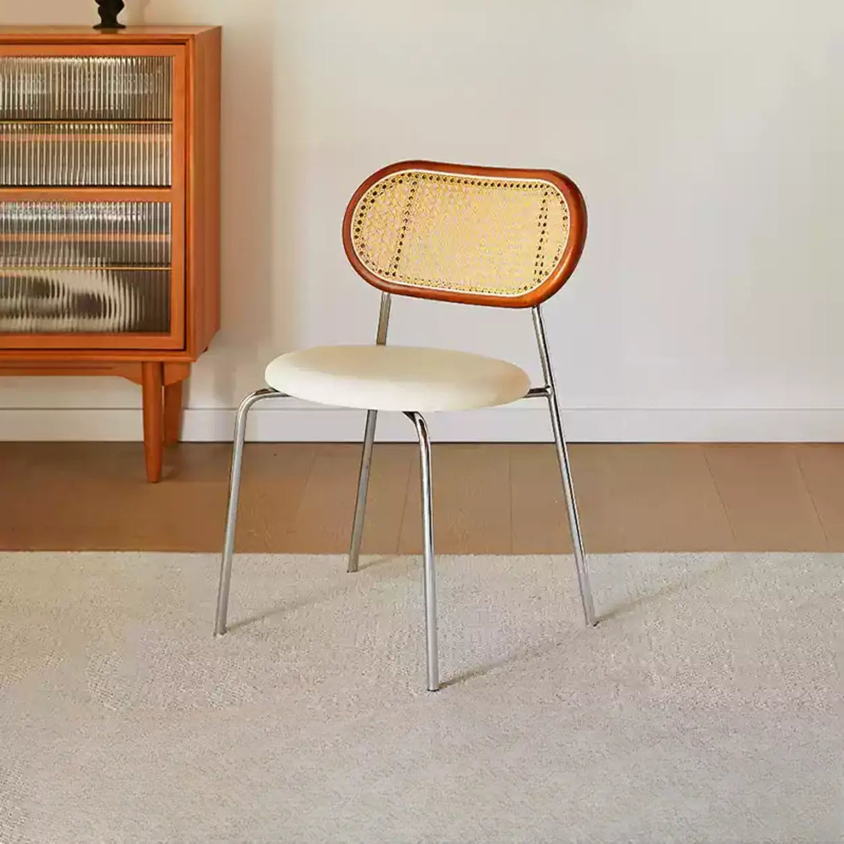 Oval Rattan Back Round Leather Stackable Dining Chair Image - 23