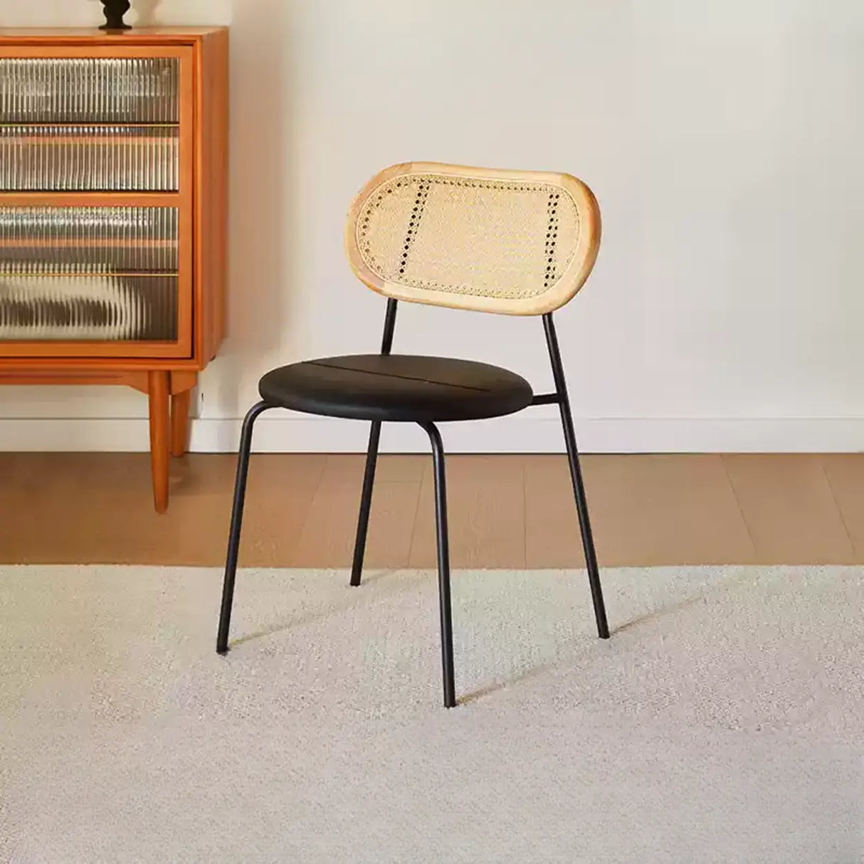 Oval Rattan Back Round Leather Stackable Dining Chair Image - 24