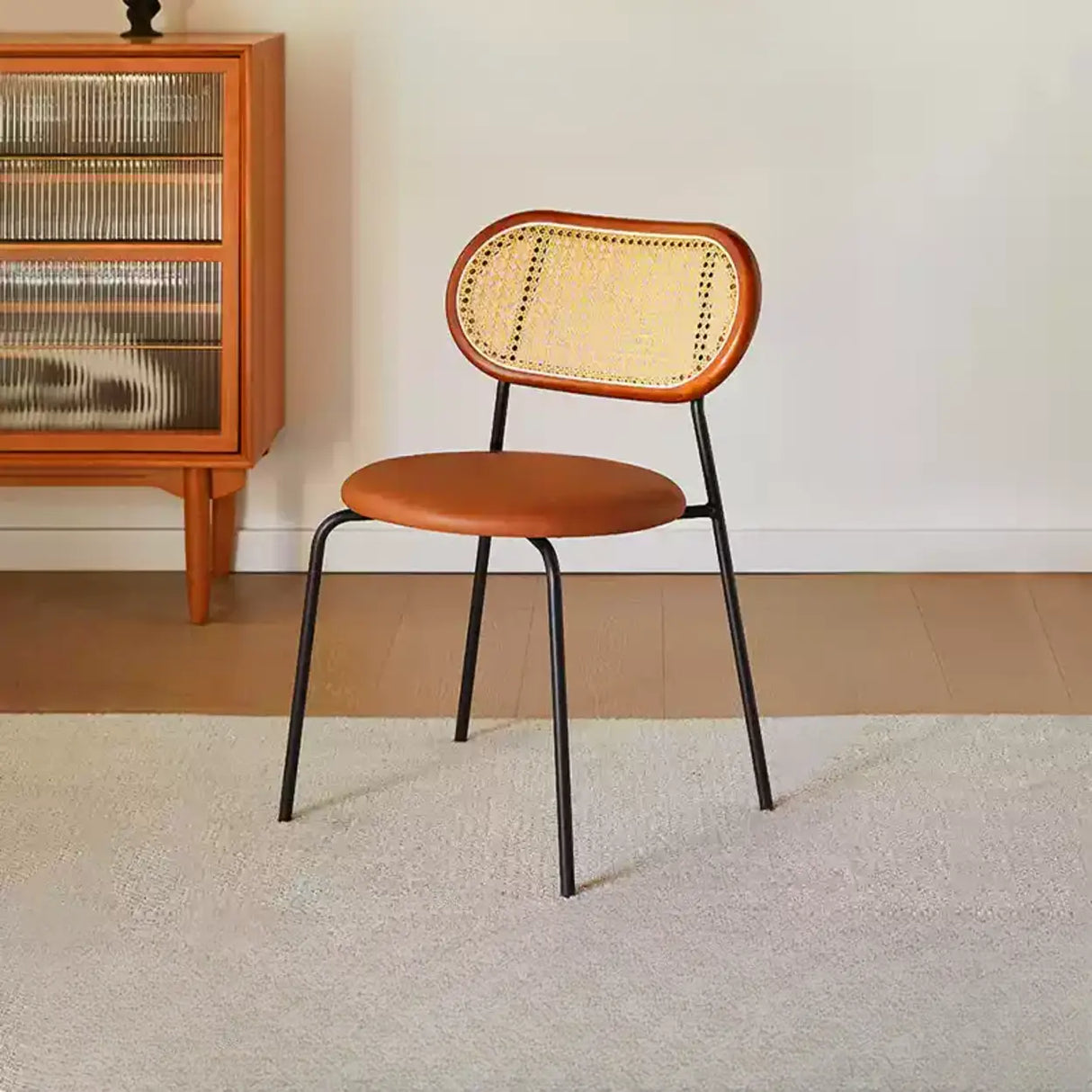 Oval Rattan Back Round Leather Stackable Dining Chair Image - 25