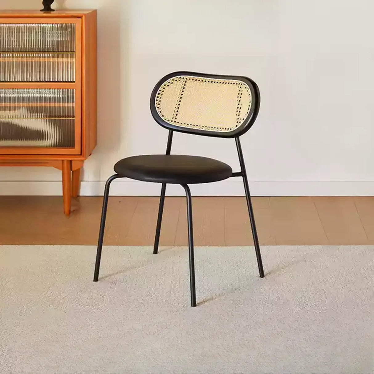 Oval Rattan Back Round Leather Stackable Dining Chair Image - 26