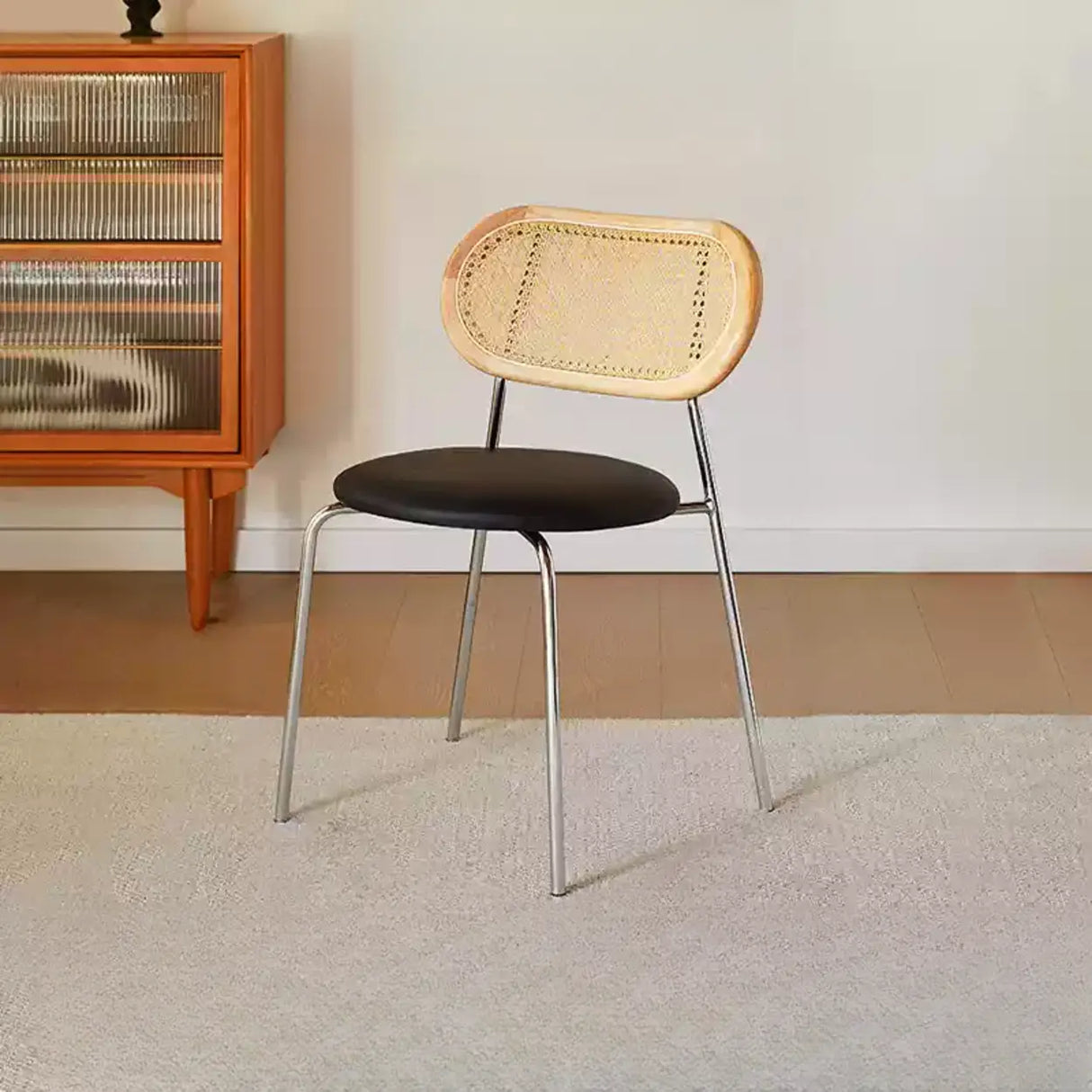 Oval Rattan Back Round Leather Stackable Dining Chair Image - 27