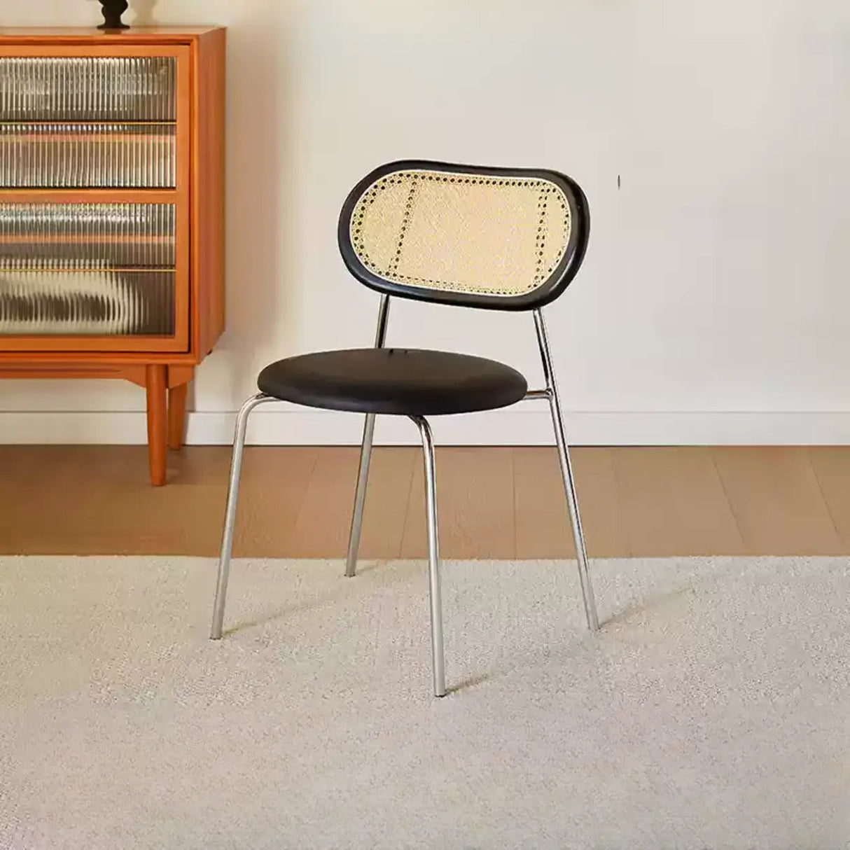 Oval Rattan Back Round Leather Stackable Dining Chair Image - 28