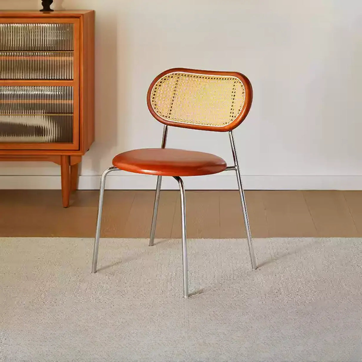 Oval Rattan Back Round Leather Stackable Dining Chair Image - 29