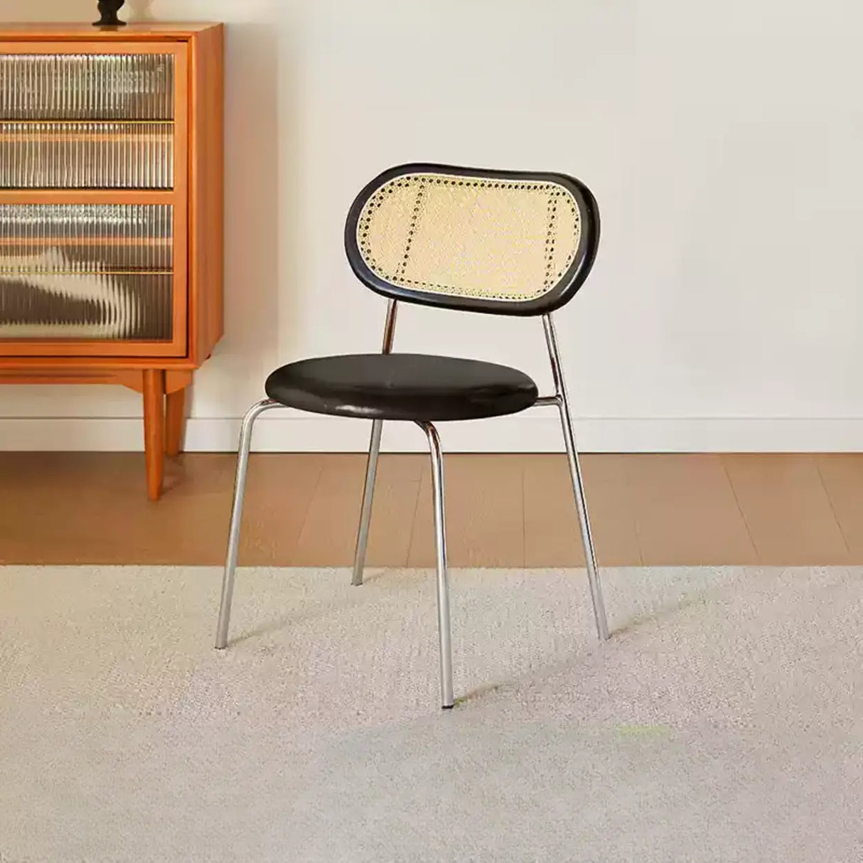 Oval Rattan Back Round Leather Stackable Dining Chair Image - 2