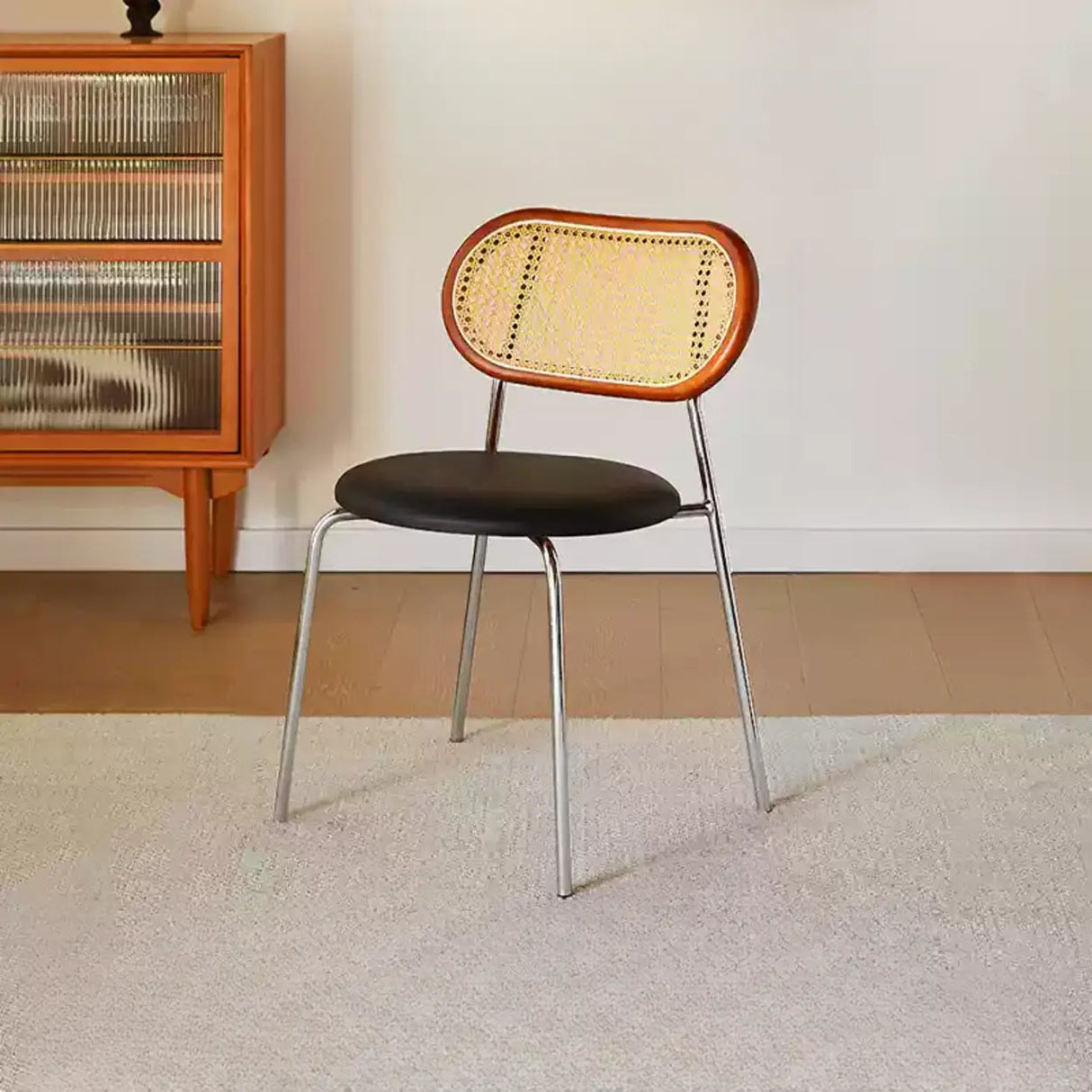 Oval Rattan Back Round Leather Stackable Dining Chair Image - 30