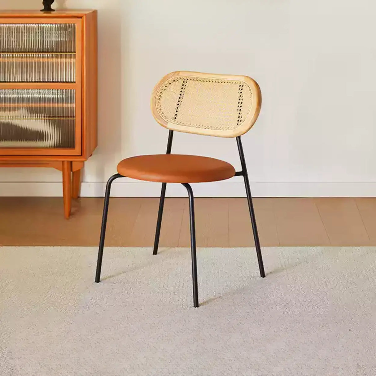 Oval Rattan Back Round Leather Stackable Dining Chair Image - 31