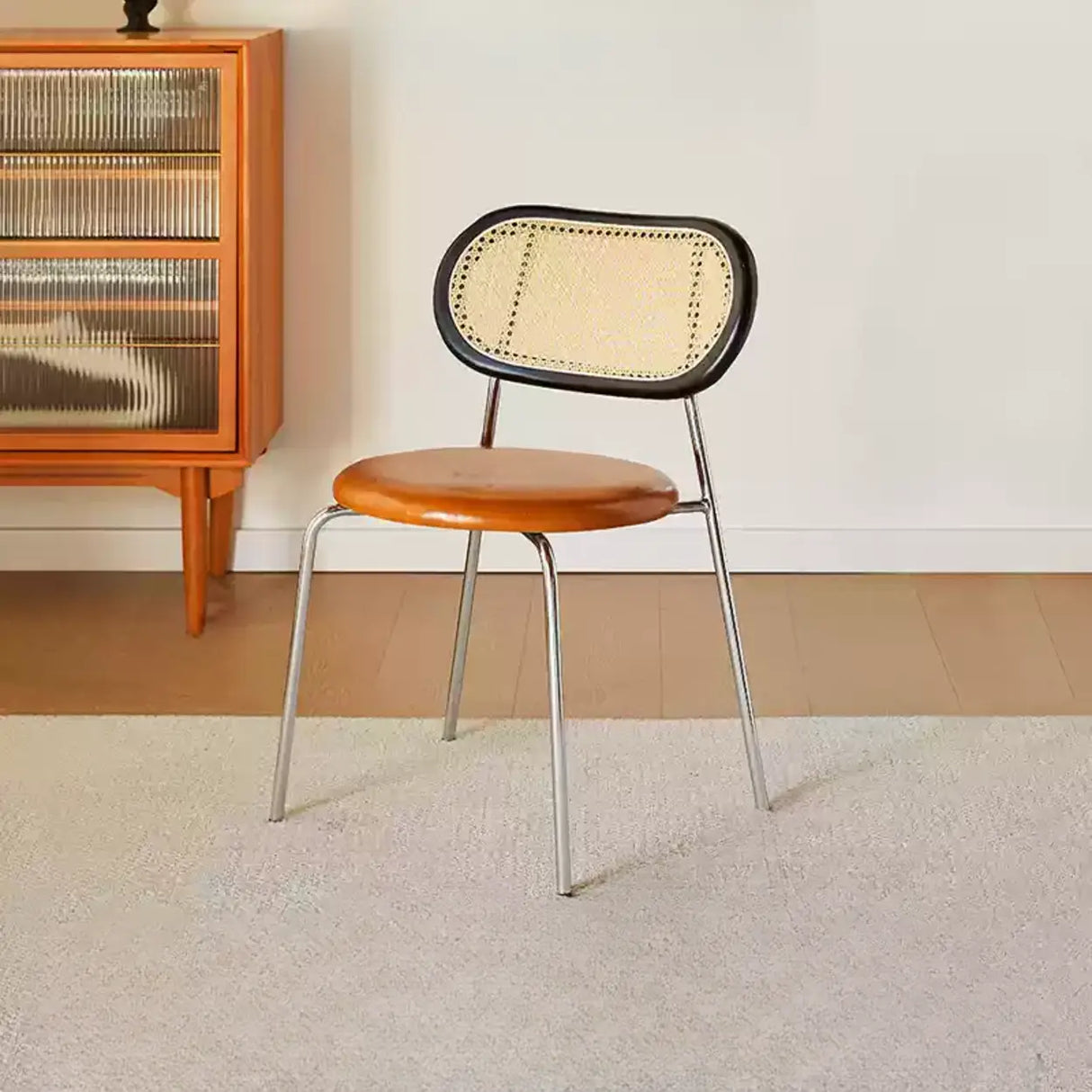 Oval Rattan Back Round Leather Stackable Dining Chair Image - 32