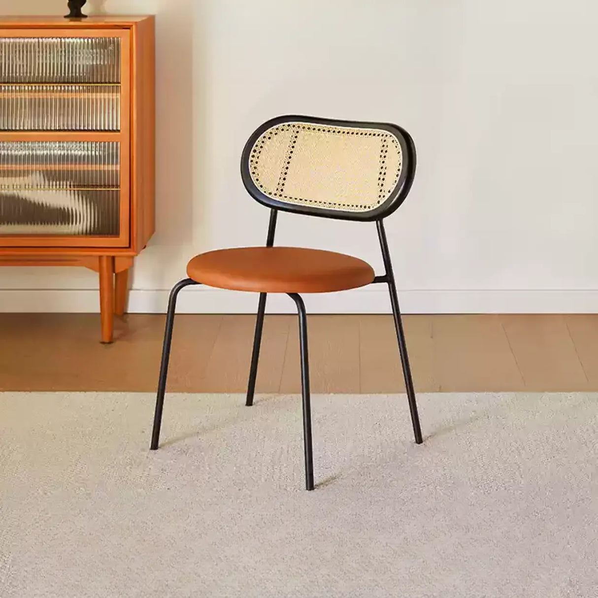 Oval Rattan Back Round Leather Stackable Dining Chair Image - 33