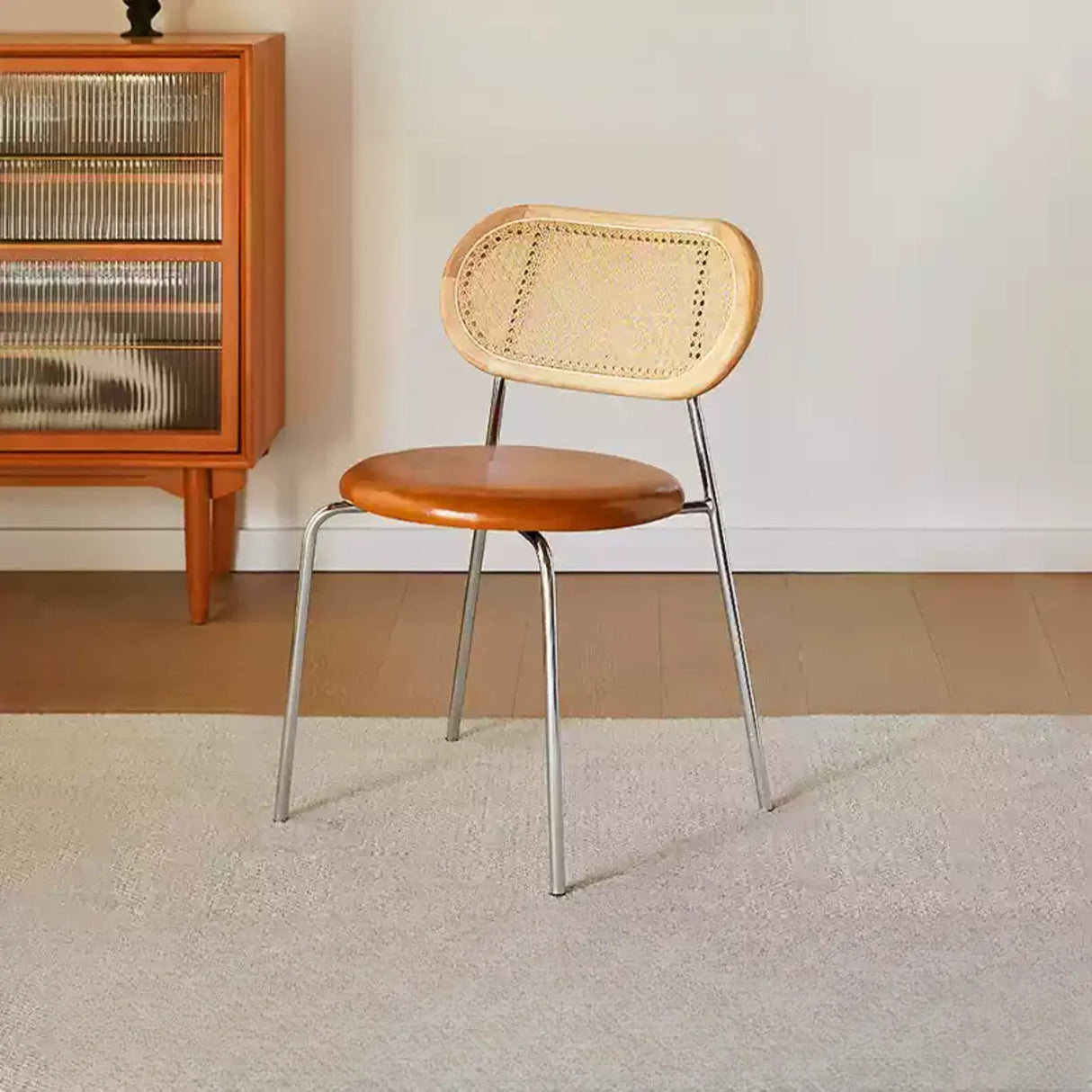 Oval Rattan Back Round Leather Stackable Dining Chair Image - 34