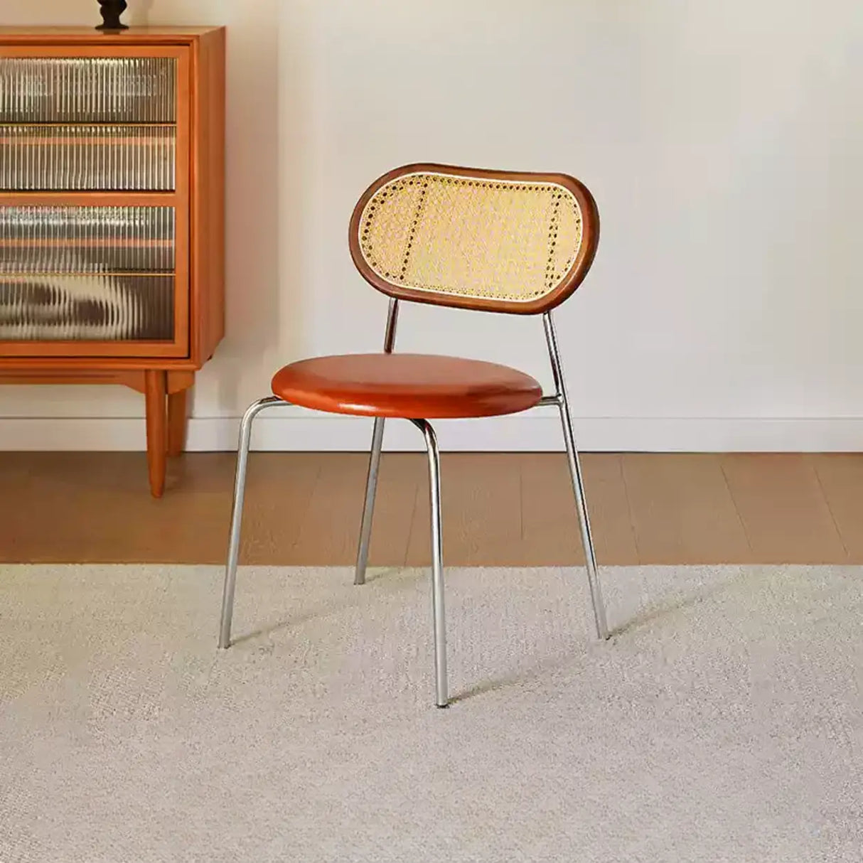 Oval Rattan Back Round Leather Stackable Dining Chair Image - 35