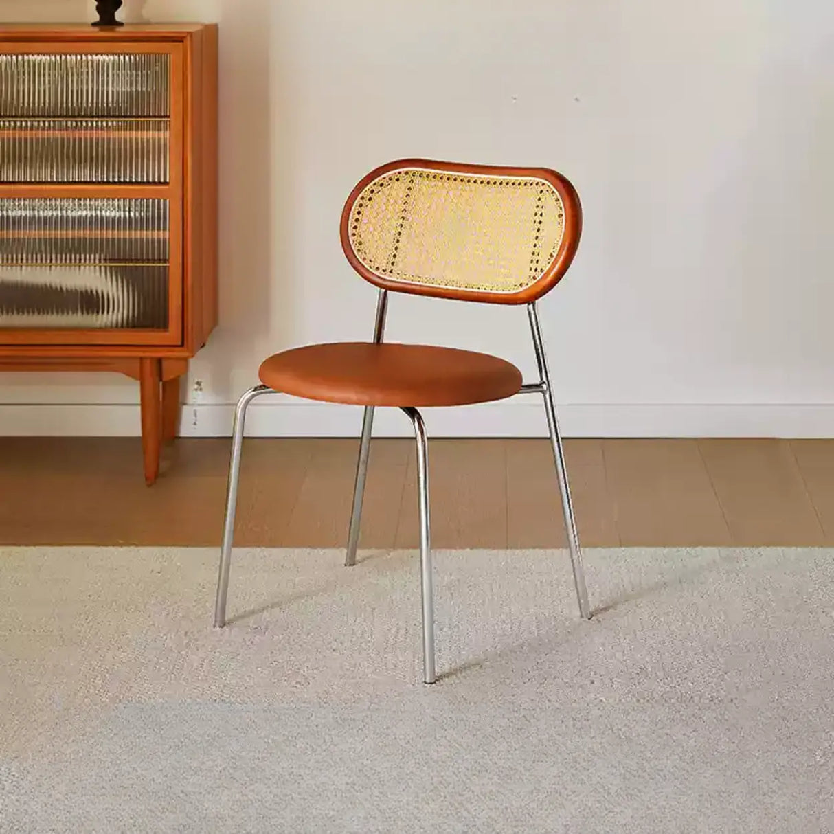 Oval Rattan Back Round Leather Stackable Dining Chair Image - 36