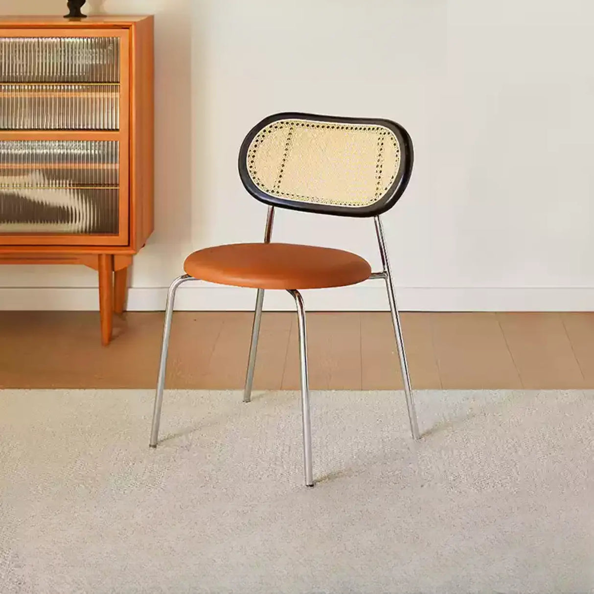 Oval Rattan Back Round Leather Stackable Dining Chair Image - 37