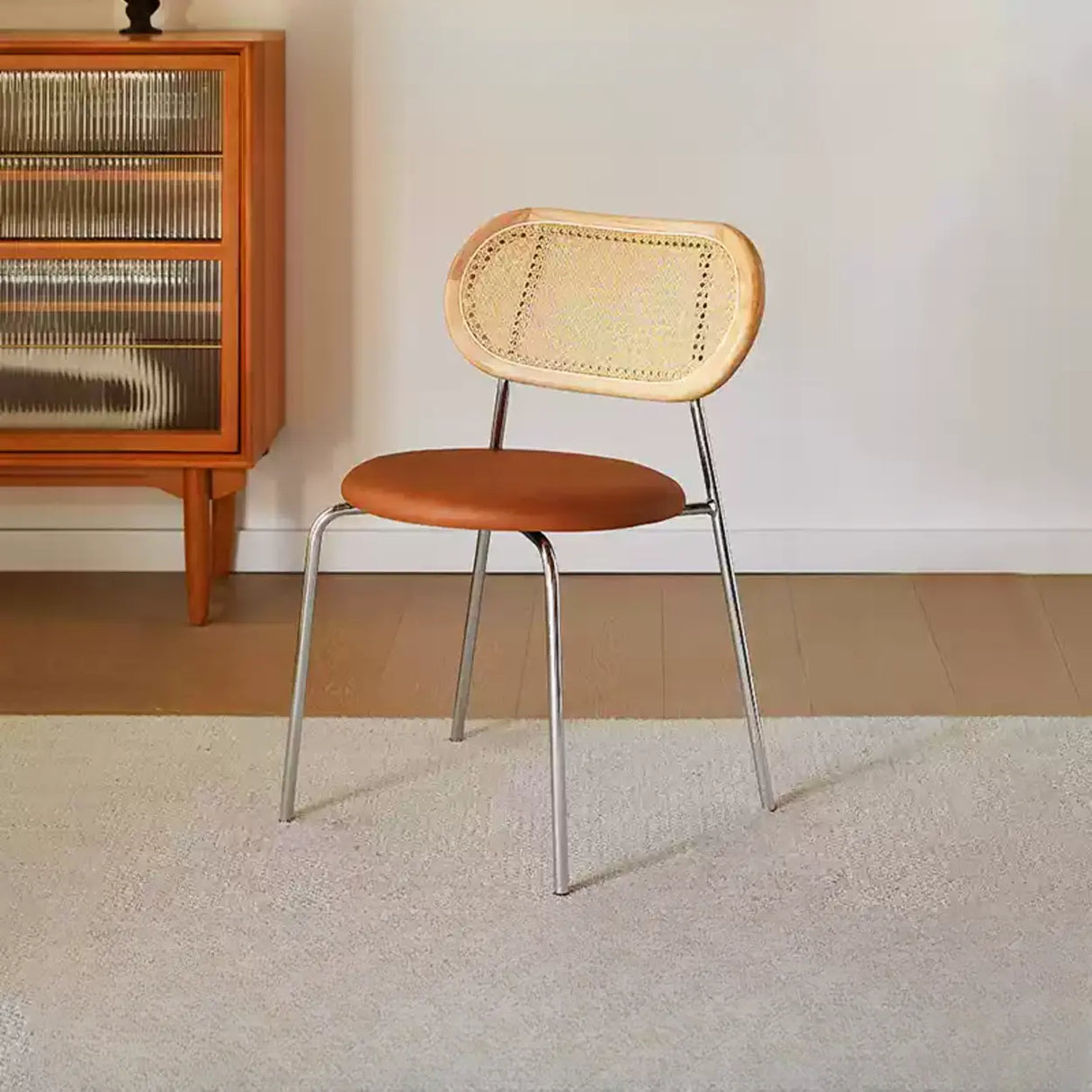 Oval Rattan Back Round Leather Stackable Dining Chair Image - 38