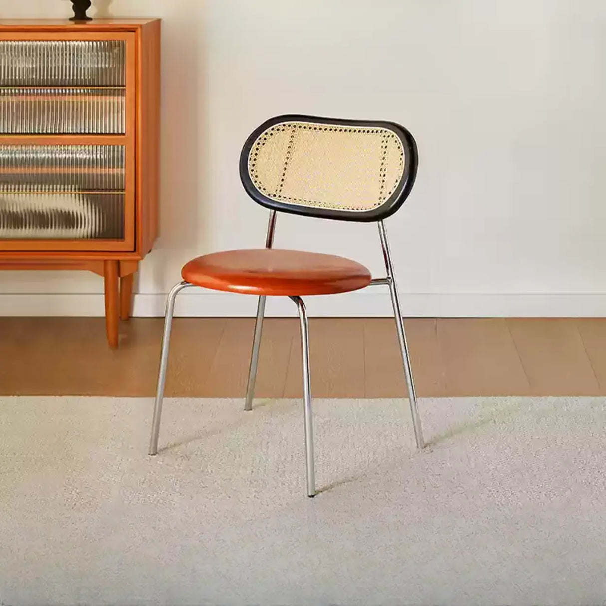 Oval Rattan Back Round Leather Stackable Dining Chair Image - 39