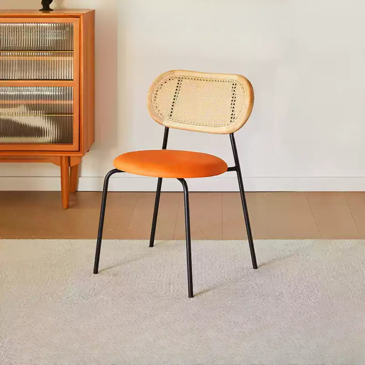 Oval Rattan Back Round Leather Stackable Dining Chair Image - 3