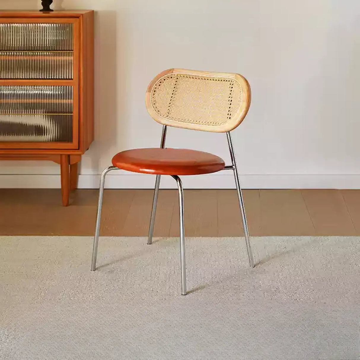 Oval Rattan Back Round Leather Stackable Dining Chair Image - 40