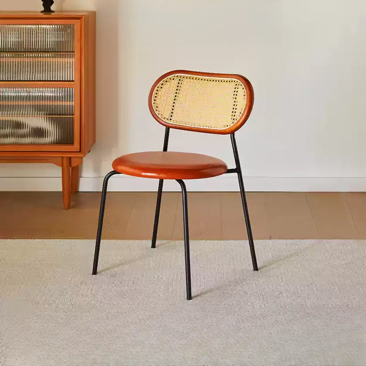 Oval Rattan Back Round Leather Stackable Dining Chair Image - 41