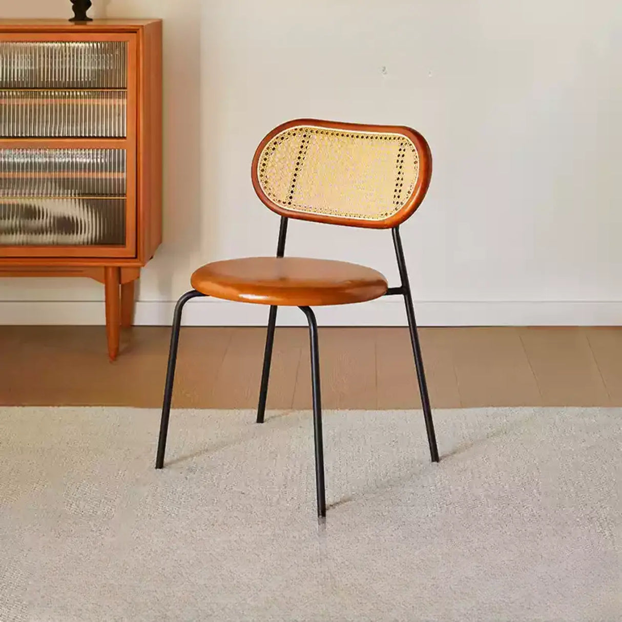 Oval Rattan Back Round Leather Stackable Dining Chair Image - 42