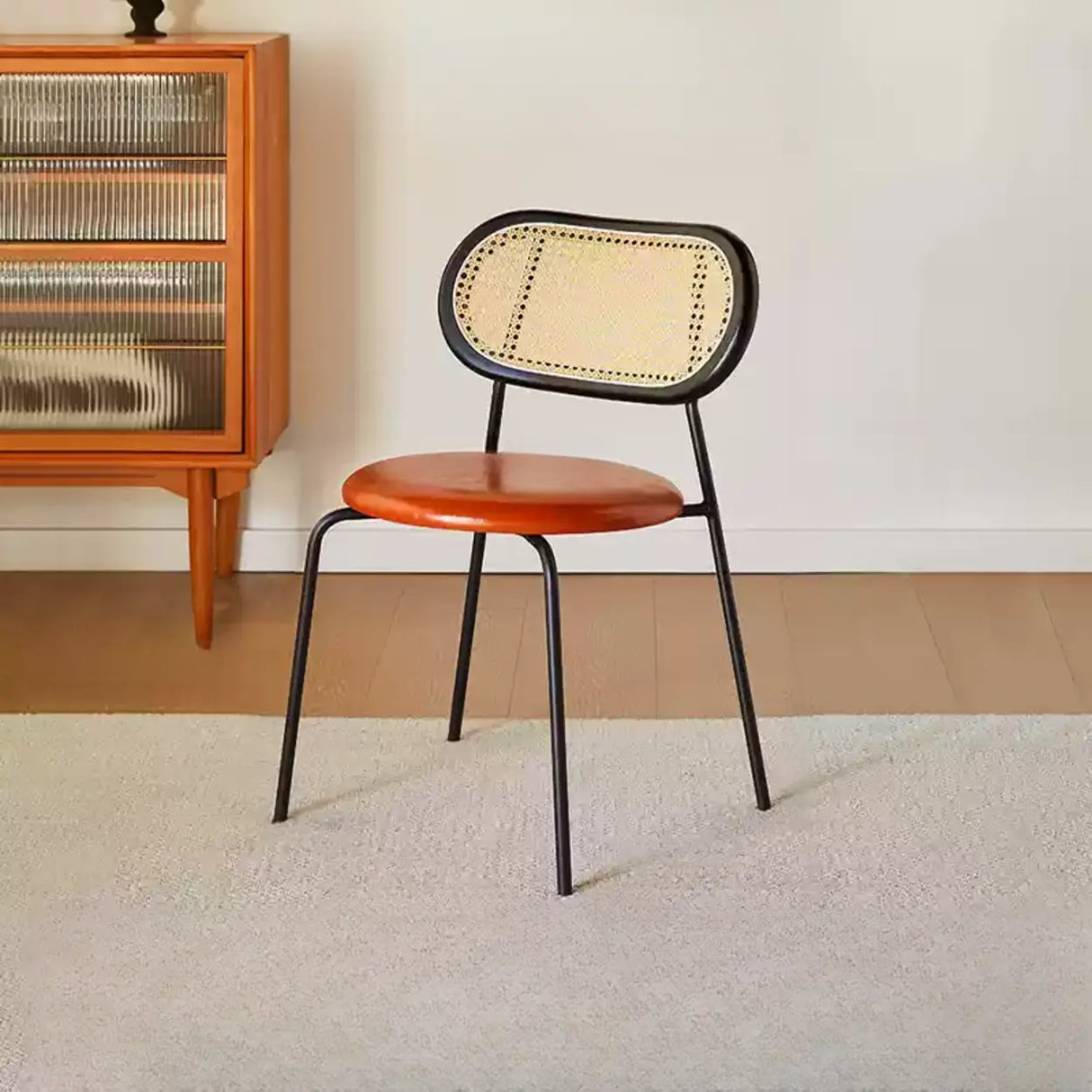 Oval Rattan Back Round Leather Stackable Dining Chair Image - 43