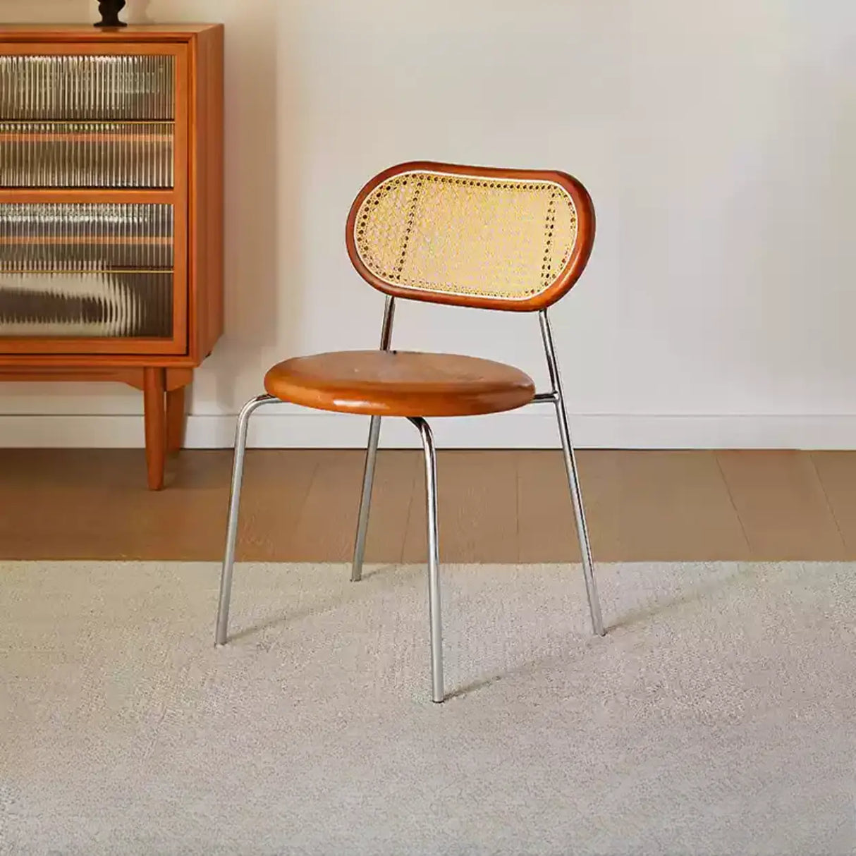 Oval Rattan Back Round Leather Stackable Dining Chair Image - 44