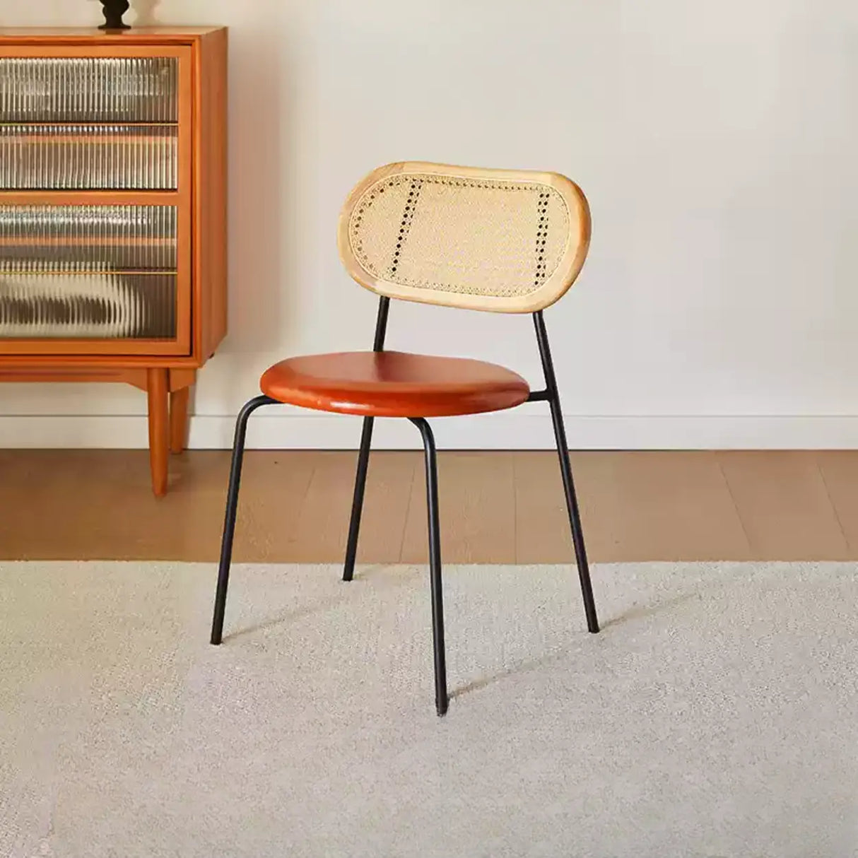 Oval Rattan Back Round Leather Stackable Dining Chair Image - 45