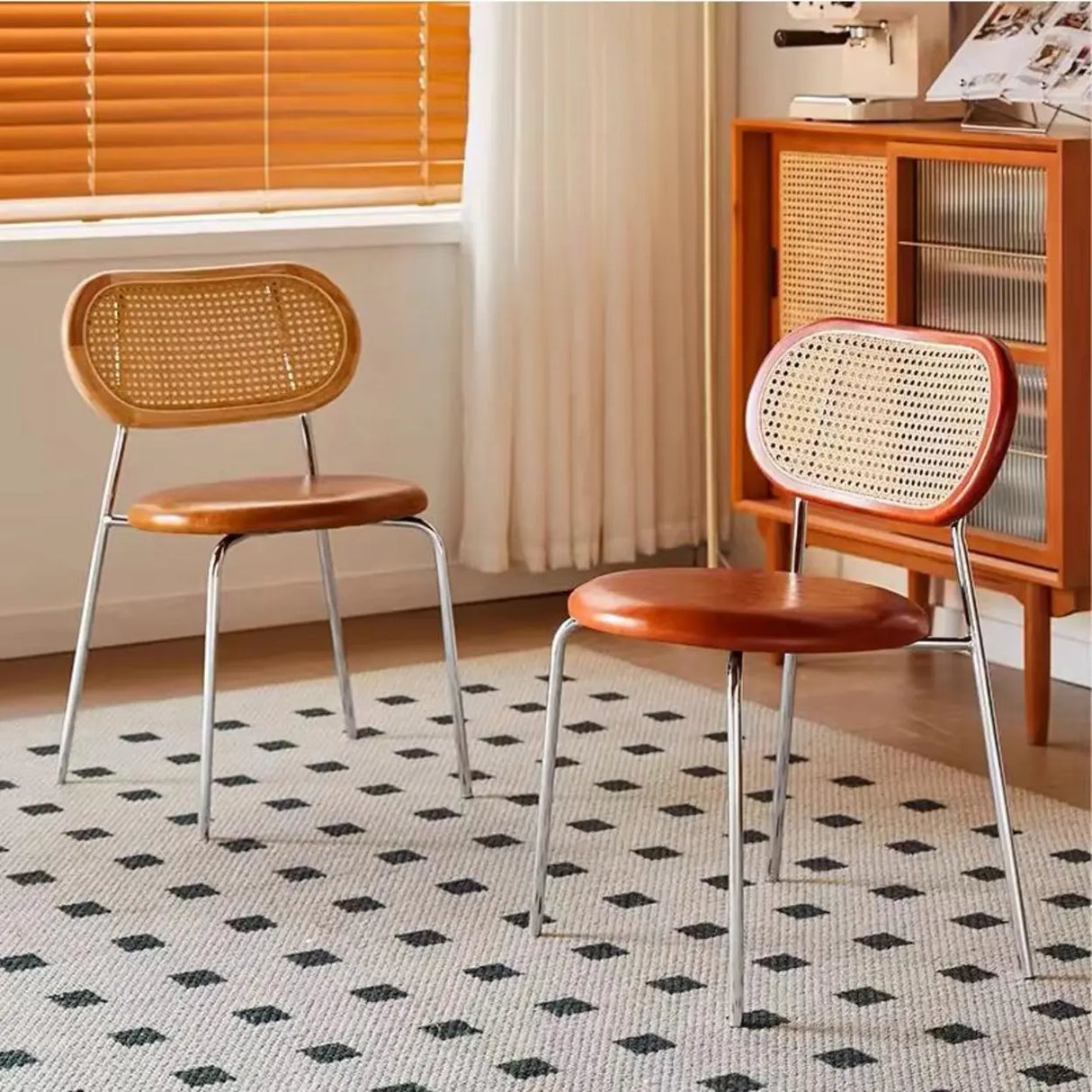 Oval Rattan Back Round Leather Stackable Dining Chair Image - 4