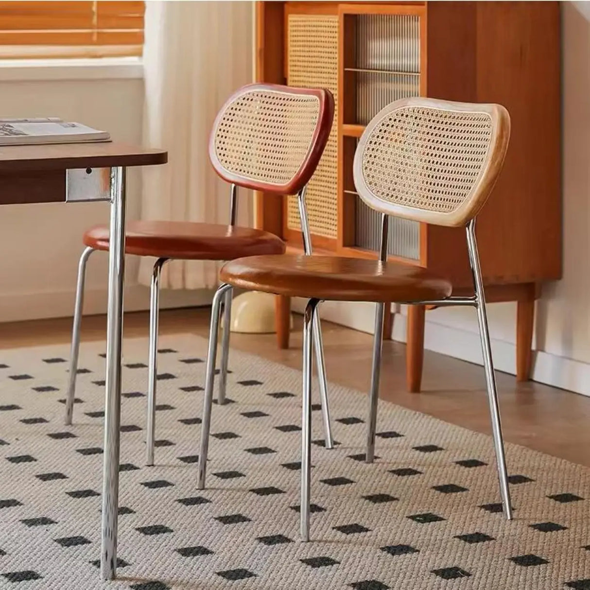 Oval Rattan Back Round Leather Stackable Dining Chair Image - 5