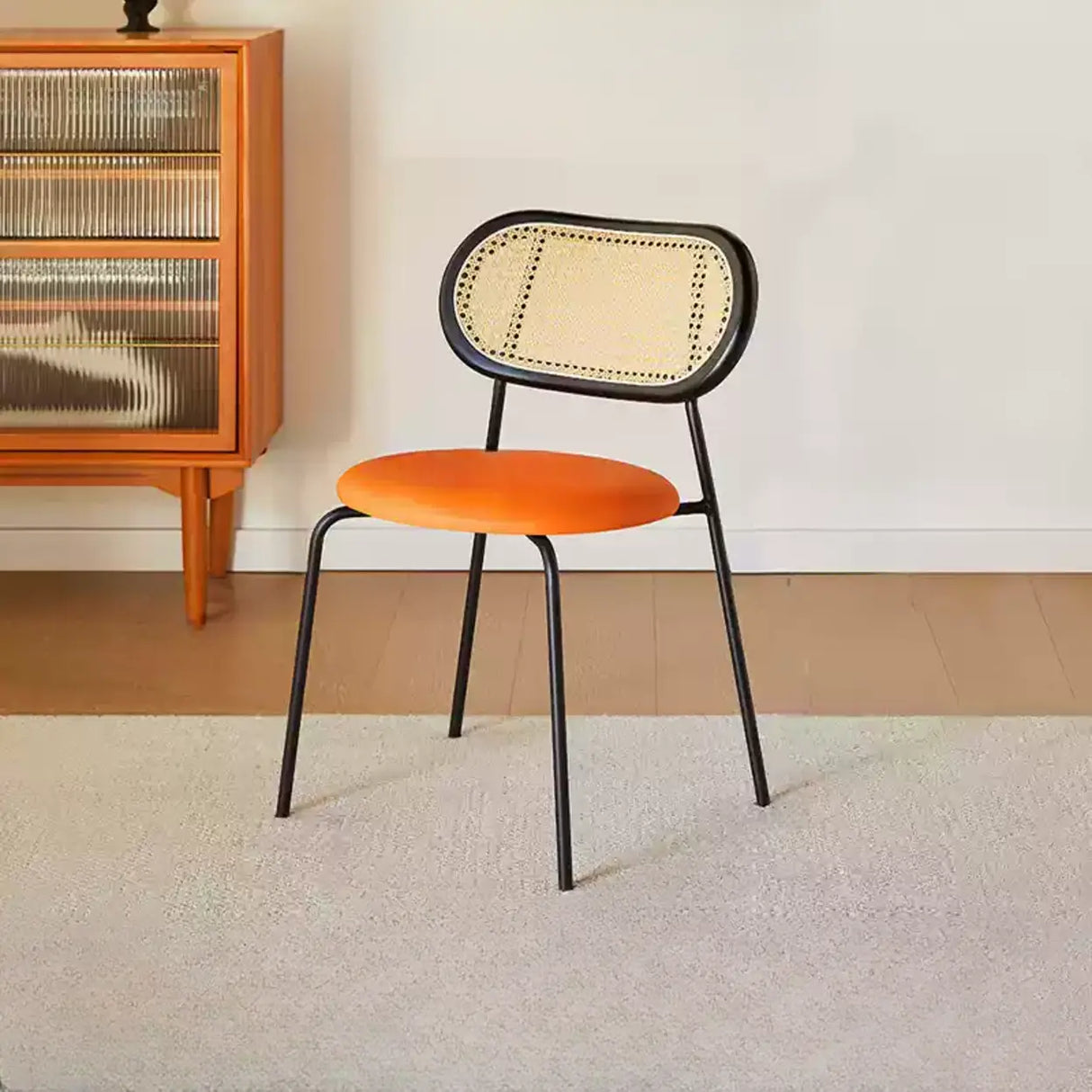 Oval Rattan Back Round Leather Stackable Dining Chair Image - 6